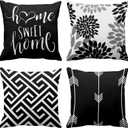 Emvency Set of 4 Throw Pillow Covers Modern Abstract Geometry Black White and Grey Words Sweet Floral Arrow Decorative Pillow Cases Home Decor Standard Square 18x18 Inches Pillowcases