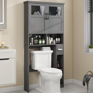 Over The Toilet Storage Cabinet With Double Doors & Paper Holder Stand, Freestanding Shelf Space Saver, Anti-Tip Design & Adjustable Shelf, Natural Grey (W33.03'')