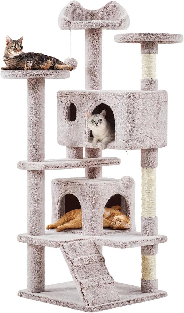Yaheetech 54in Cat Tree, Cat Tower with Double Cat Condo, Sisal Scratching Posts, and Dangling Balls, Cat Furniture Kitten Play House (Brown/White)