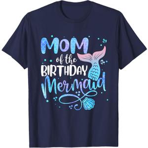 Mom of The Birthday Mermaid Family Matching Party Squad T-Shirt, Navy Blue, XXL