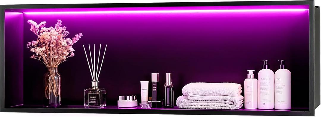WICHEMI Shower Niche No Tile Needed for Bathroom Storage, Shower Niche RGB LED Lights Waterproof Recessed Wall Niche 36" X 12" 304 Stainless Steel Bathroom Niche for Shower Wall, Matte Black