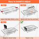 Expandable Over The Sink Dish Drainer Drying Rack In Stainless Steel Metal For Small Kitchen, Counter Space Saving Compact Above Plate Dryer Strainer, Adjustable Hanging Inside Sink Wire Drain Holder