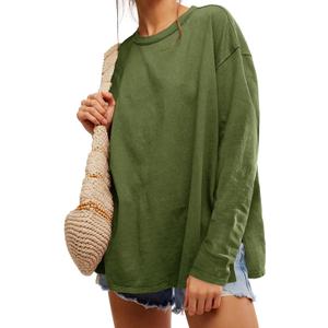 Womens Oversized Long Sleeve Shirts Crew Neck Casual Tops Loose Fit Side Slit Fall Tees Army Green (M)