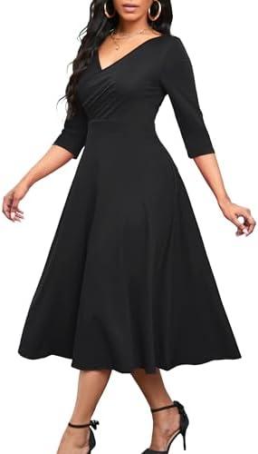 Nmoder Women's Casual Wrap Flared Midi Dress Wedding Guest Cocktail Tea Dresses A-Line Swing V-Neck 3/4 Sleeve, Medium 