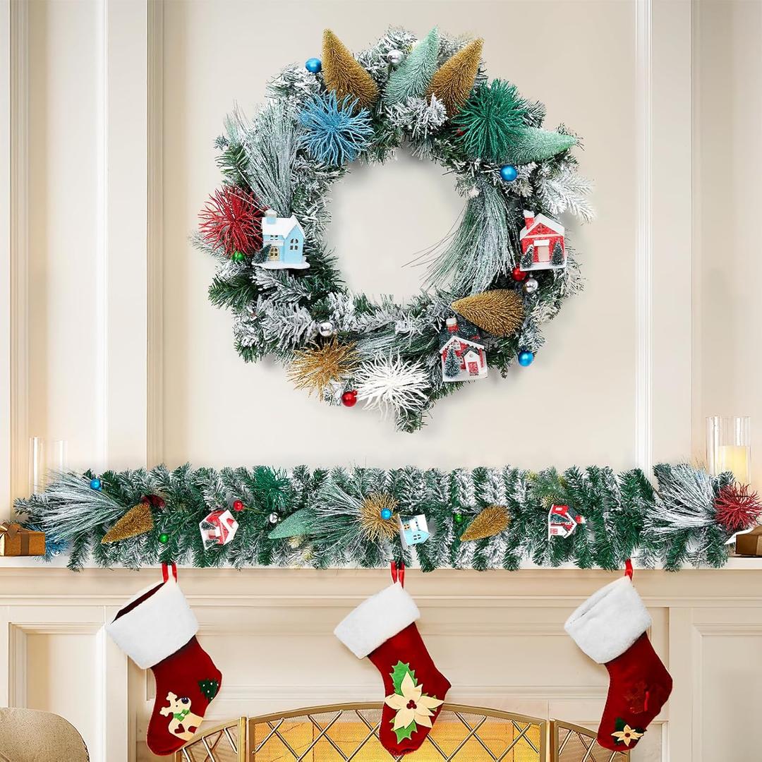 24 Inch Artificial Snow Flocked Christmas Wreath for Front Door With Tree, House and Village Decorations