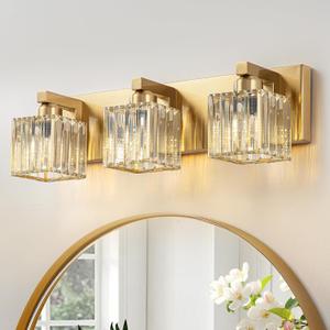 Gold Crystal Bathroom Vanity Lights Modern 3-Lights Bathroom Lighting Fixtures Over Mirror, Gold Crystal Wall Light with Square Shade