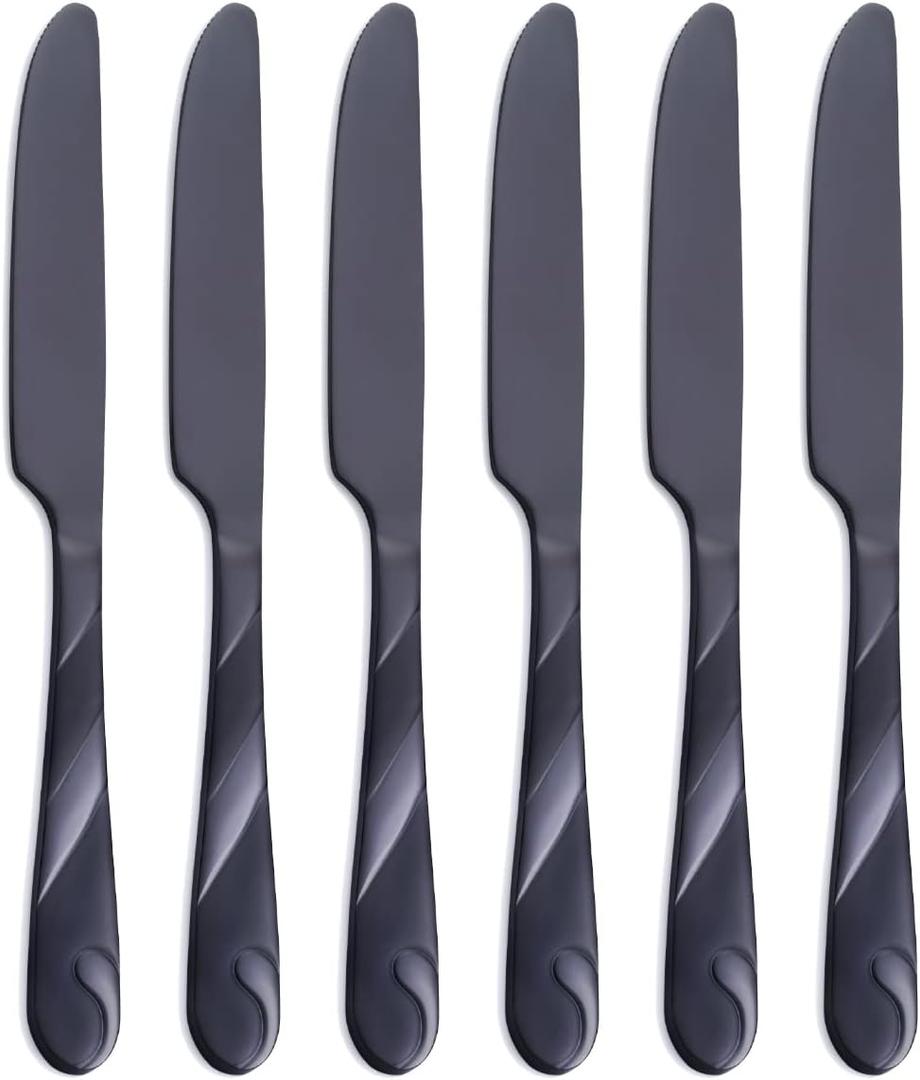 Black Dinner Knife Set, 9.2-inch Stainless Steel Shiny Black Dinner Table Knife Silverware, Set of 6