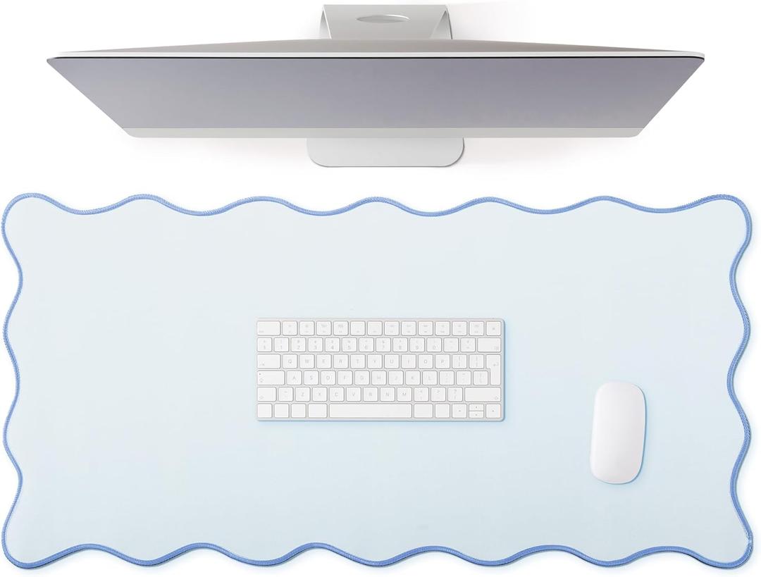 Scalloped Desk Mat Large Scalloped Piping Cute Desk Mat Aesthetic Preppy Table Pad Large Nonslip Pad with Edge Stitching Waterproof Gaming(Blue,31.5 x 15.75 Inches)