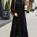 Sunny Spirit Women's Floral Boho Midi Dress 2025 Spring Fall Long Sleeve V Neck Chiffon A-Line Flowy Party Dresses (Black, L)