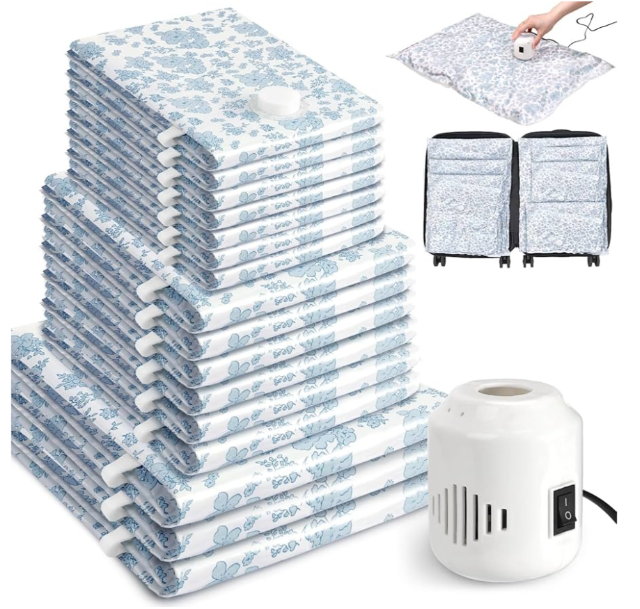 16 Pack Vacuum Storage Bags with Electric Pump, Vacuum Seal Bag for Clothing, Space Saver Storage Organizer, Travel Packing Bags for Luggage (Blue Flowers)