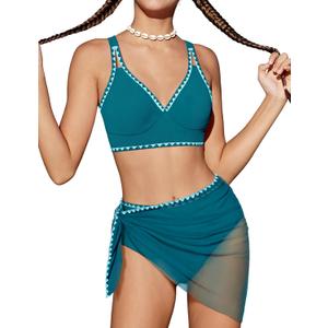 Girls Swimsuit V-Neck Shell Stitched Solid Color High Waisted 3 Piece Bathing Suit Bikini with Cover Up 9-16T (13-14 Years)