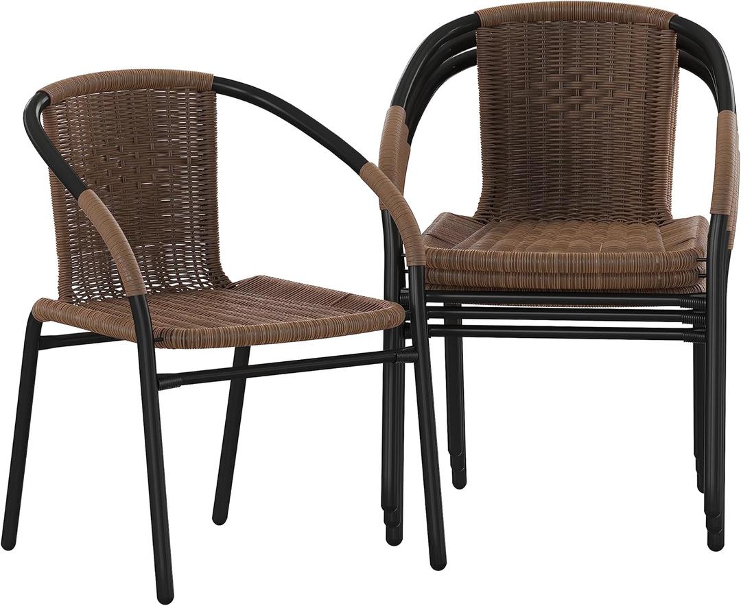 Flash Furniture Lila Modern Rattan Indoor/Outdoor Stackable Dining Chairs, Stacking Rattan Bistro Chairs for Patio or Restaurant, Set of 2, Brown