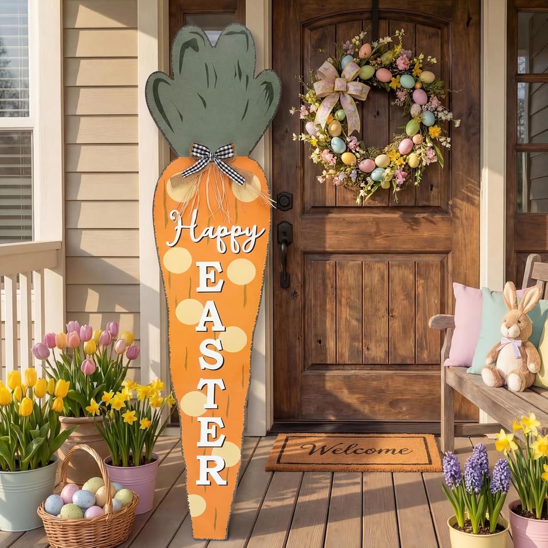 35 Inch Easter Carrot Porch Decor Sign Easter Outdoor Wooden Carrot Standing Porch Sign Vertical Farmhouse Decoration with Ribbon for Front Door Indoor Outdoor Yard Garden Decor