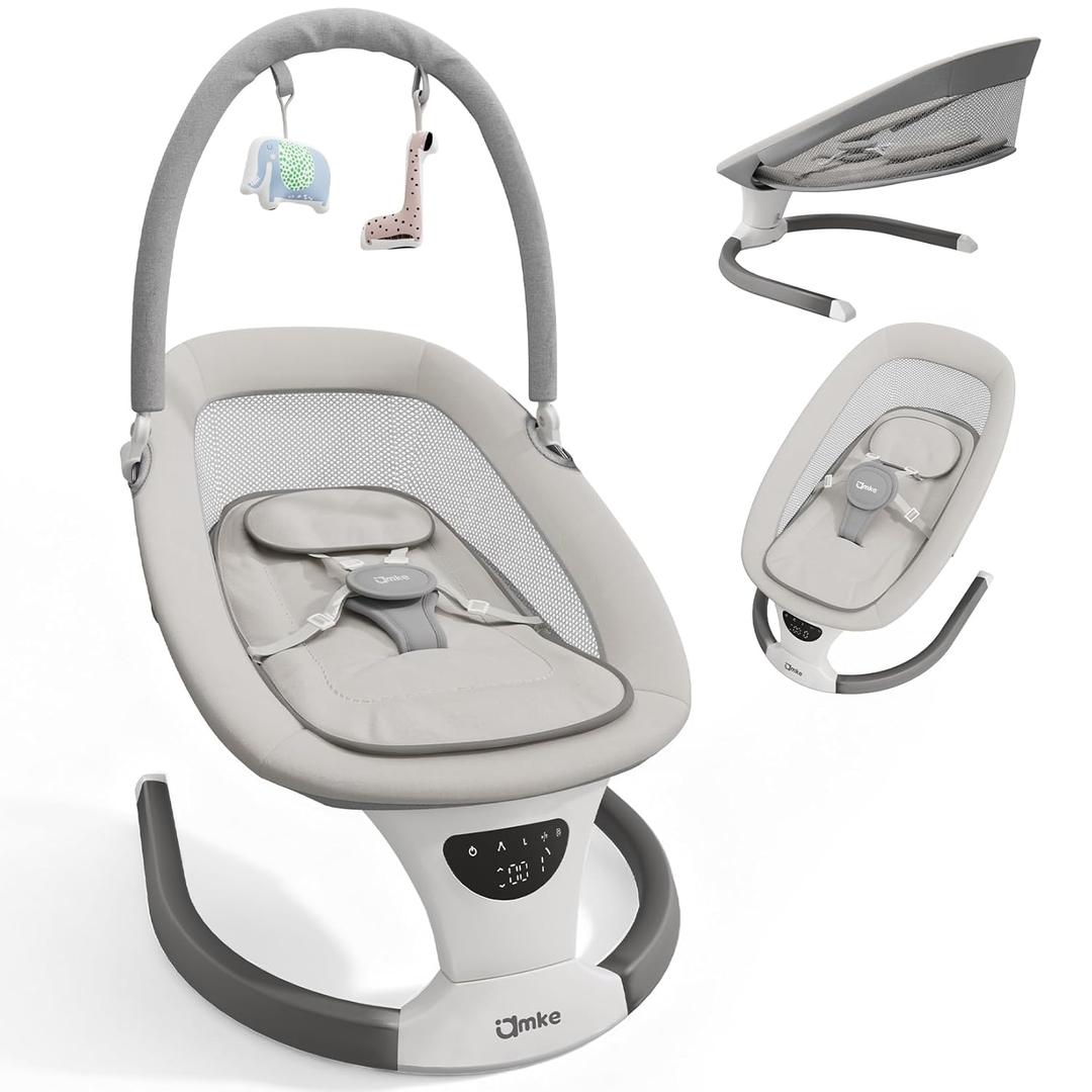 AMKE Baby Swing for Infants with Spacious & Breathable Mesh Seat - 5-Point Harness, Portable Swing Rocker, 5 Sway Speeds & 3 Timer, 12 Lullabies for Newborn Max 20 Lbs