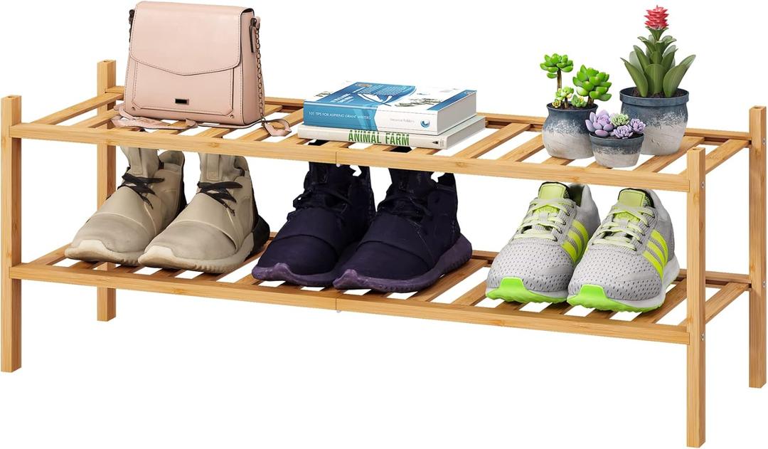 Black Shoe Rack, 2-Tier Long Shoe Rack for Entryway, Bamboo Wood Shoe Shelf for Closet & Hallway, Long 33IN | Beautiful | Functional | Sturdy | Durable