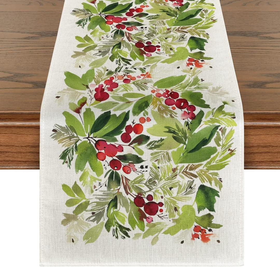 Artoid Mode Watercolor Holly Christmas Table Runner, Seasonal Winter Xmas Holiday Kitchen Dining Table Decoration for Indoor Outdoor Home Party Decor 13 x 120 Inch (Green)