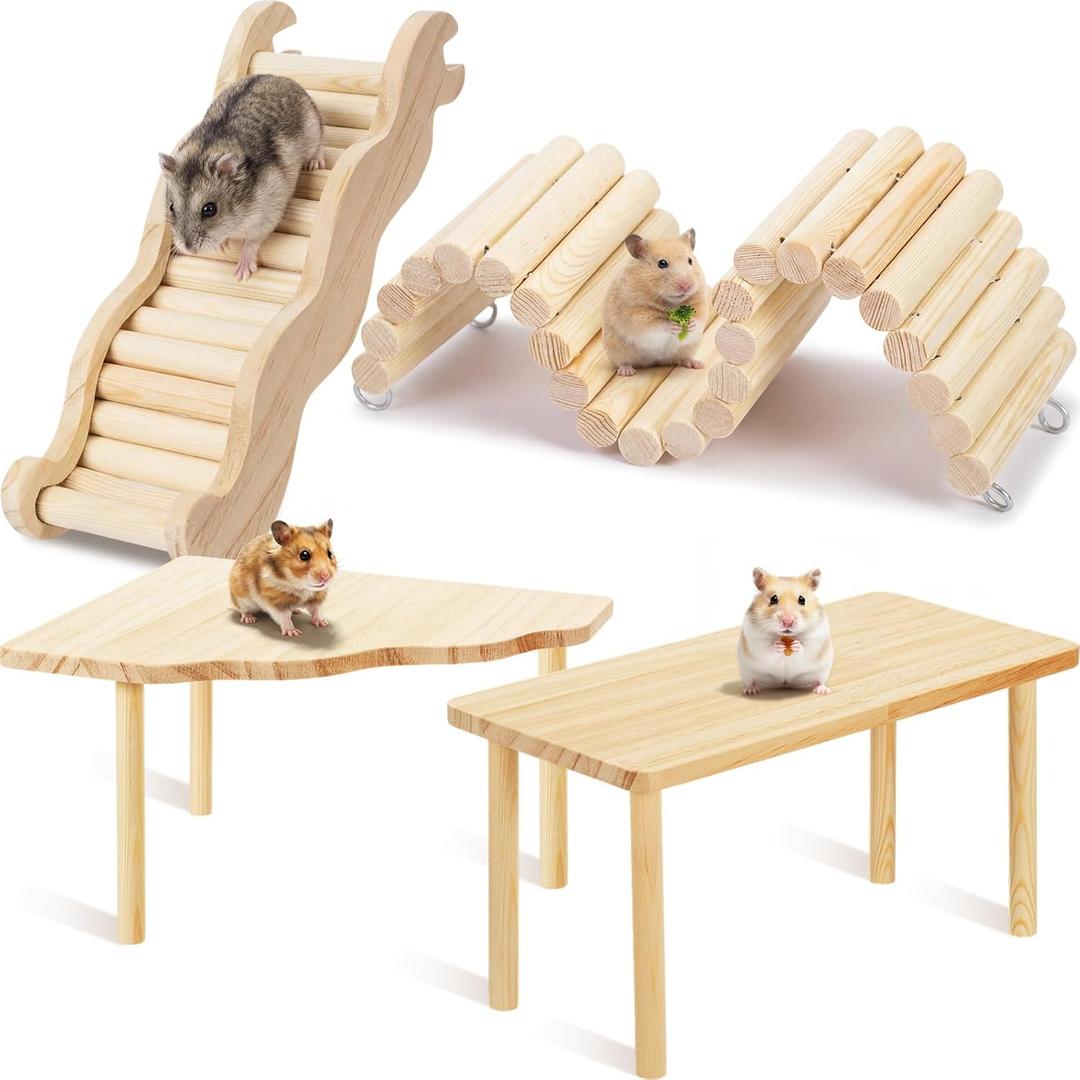 BreezeHug 4 Pcs Hamster Platform Hideout Wooden Tunnel Ladder Playhouse Hamster Game Climbing Toy with Platform Cage Accessories for Pets Dwarf Syrian Mice Degus Gerbils Squirrel(Climber)