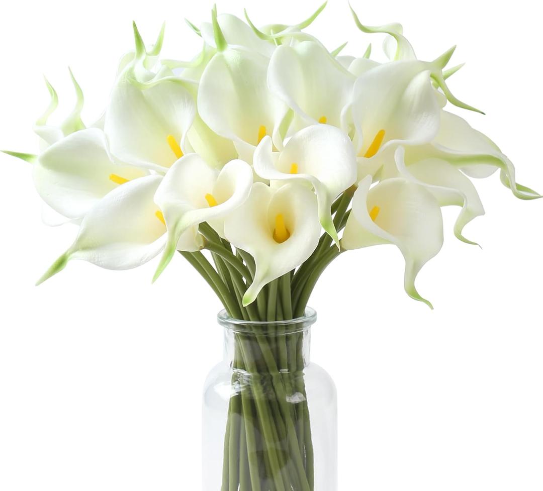 SITUMEIZI 24 PCS White Fake Flowers Artificial Calla Lily Silk Flowers Real Touch for Mother's Day Easter Home Kitchen Decor Wedding Bouquet Office Spring Decoration