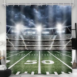 AMBZEK Boys Football Shower Curtain Sports American Sports Bathroom Accessories 72Wx72L Men Masculine Shower Curtain Set Stadium Field Soccer Green Cloth Fabric Bathroom Decor Set with 12 Pack Hooks