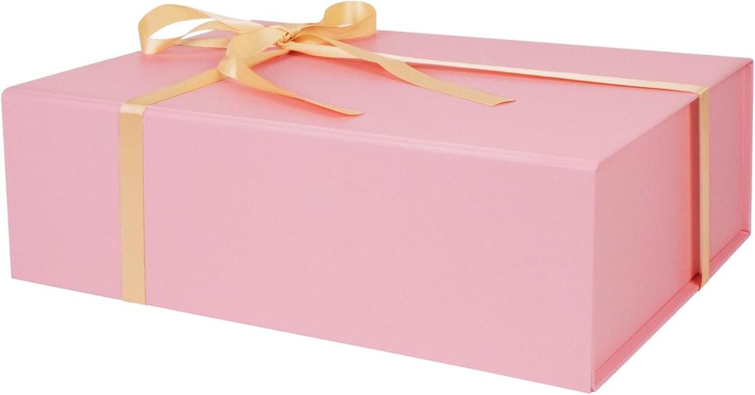 Large Pink Gift Box with Ribbon, 13.8" x 9" x 4.3" Groomsmen Proposal Box for Presents with Magnetic Closure Lids, Rectangle Collapsible Luxury Storage Box for Anniversary Wedding Birthday, 1 Pack