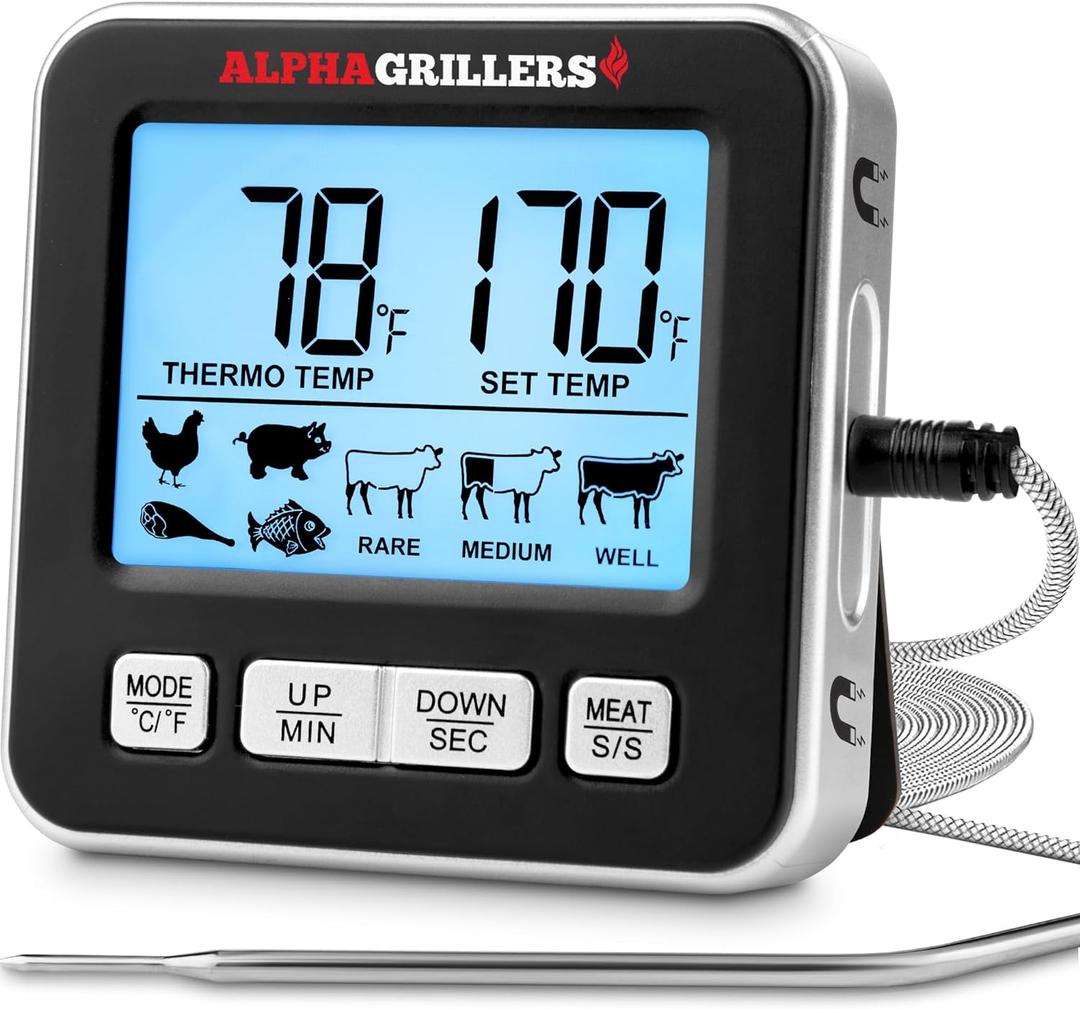 Alpha Grillers Oven Thermometer - Large Display Meat Thermometer Digital for Cooking - Oven Safe Leave-in Wired Kitchen Food & BBQ Grilling Probe w/ 7 Preset Temperatures & Clock Timer