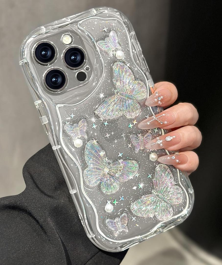 Toycamp for iPhone 15 Pro Max Case Cute - Women Girly Girls Glitter Phone Cover 15 ProMax Kawaii Sparkle Bling Shine Aesthetic Pretty Unique Wave Design Funda for Apple 15 Pro Max, Clear Butterfly