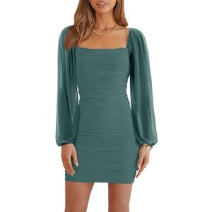 Wenrine Women's Mesh Long Sleeve Square Neck Ruched Party Club Cocktail Bodycon Mini Dress, XS