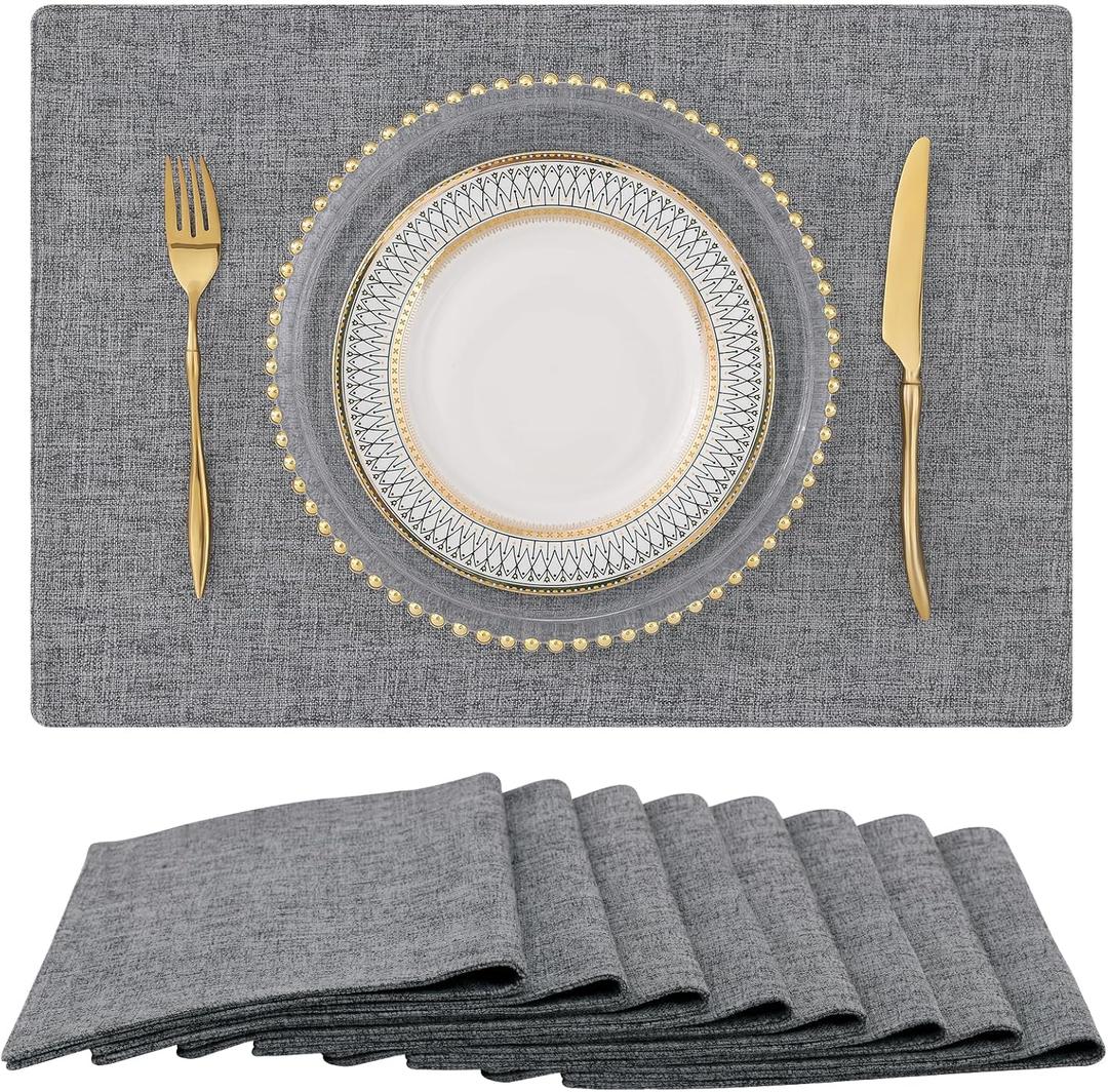 homing Cotton Linen Placemats Set of 8, Cloth Washable Farmhouse Dining Table Mats for Indoors & Outdoors, Easy to Clean, Dark Grey, 13 x 19 Inch