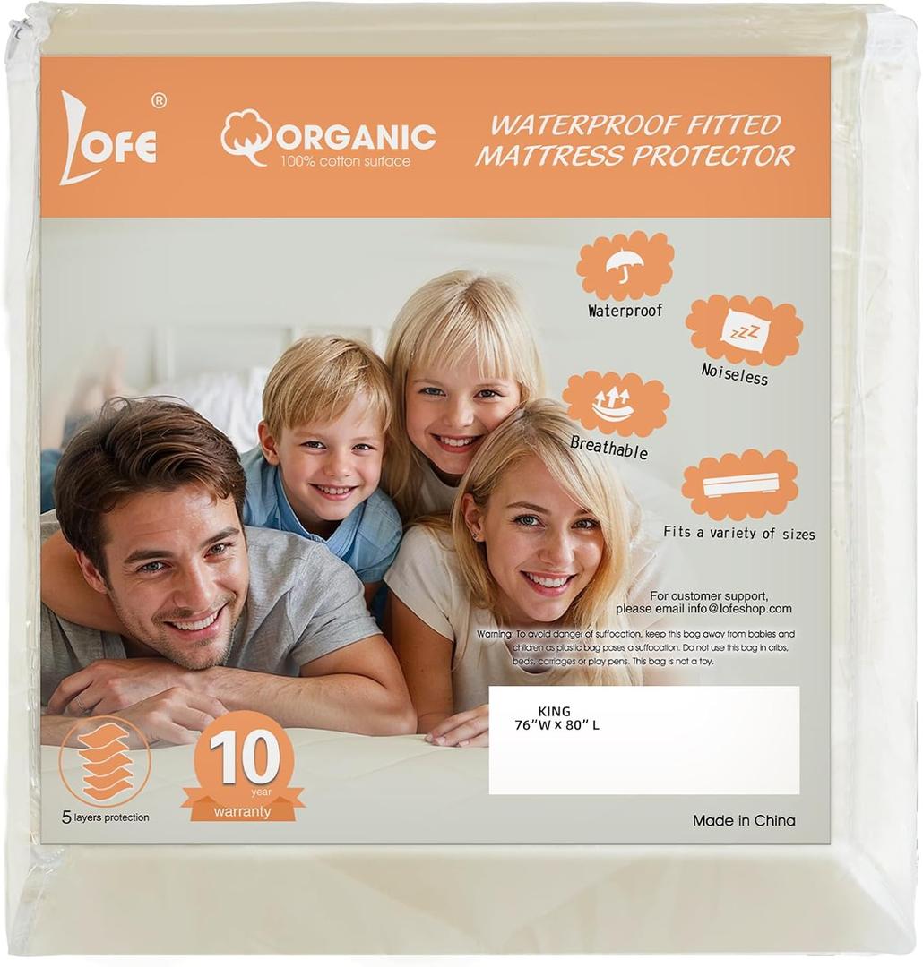 Organic Cotton King Mattress Protector - Top&Side 100% Waterproof Mattress Protectors, Breathable Organic Mattress Protector, Noiseless King Mattress Protectors Waterproof 80x76x17 in