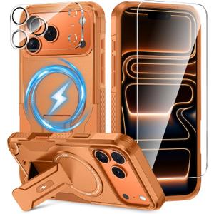 Caka for iPhone 17 Pro Max Case 3-in-1 with Invisible Kickstand, MagSafe Compatible Magnetic Phone Case with HD Screen Protector & Camera Lens Protector, Heavy Duty Shockproof Cover (Orange)