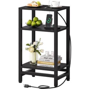 Creso hom Tall Nightstand with Fast Charging Station, 3 Tier Small Table Stand for Small Space, Skinny Side Table with Type C and USB Port, End Tables for Living Room, Bedroom, Office, Black