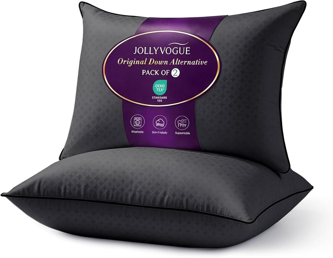 JOLLYVOGUE Black Pillows Queen Size Set of 2, Supportive Firm Bed Pillows with Oeko-Tex Certified Soft Down Alternative Fill, Fluffy Luxury Hotel Quality for Back, Stomach and Side Sleepers