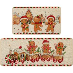 Baccessor Christmas Kitchen Rugs Set of 2, Gingerbread Candy Cane Kitchen Mats for Floor Hallway Laundry Sink Low-Profile Winter Holiday Home Decor 17x29 and 17x47 Inch