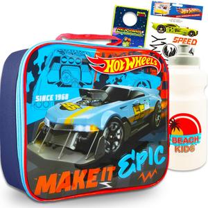 Hot Wheels Lunch Box for Boys Set - Bundle Lunch Bag, Stickers, Water Bottle, More Lunch Bag School Supplies for Kids