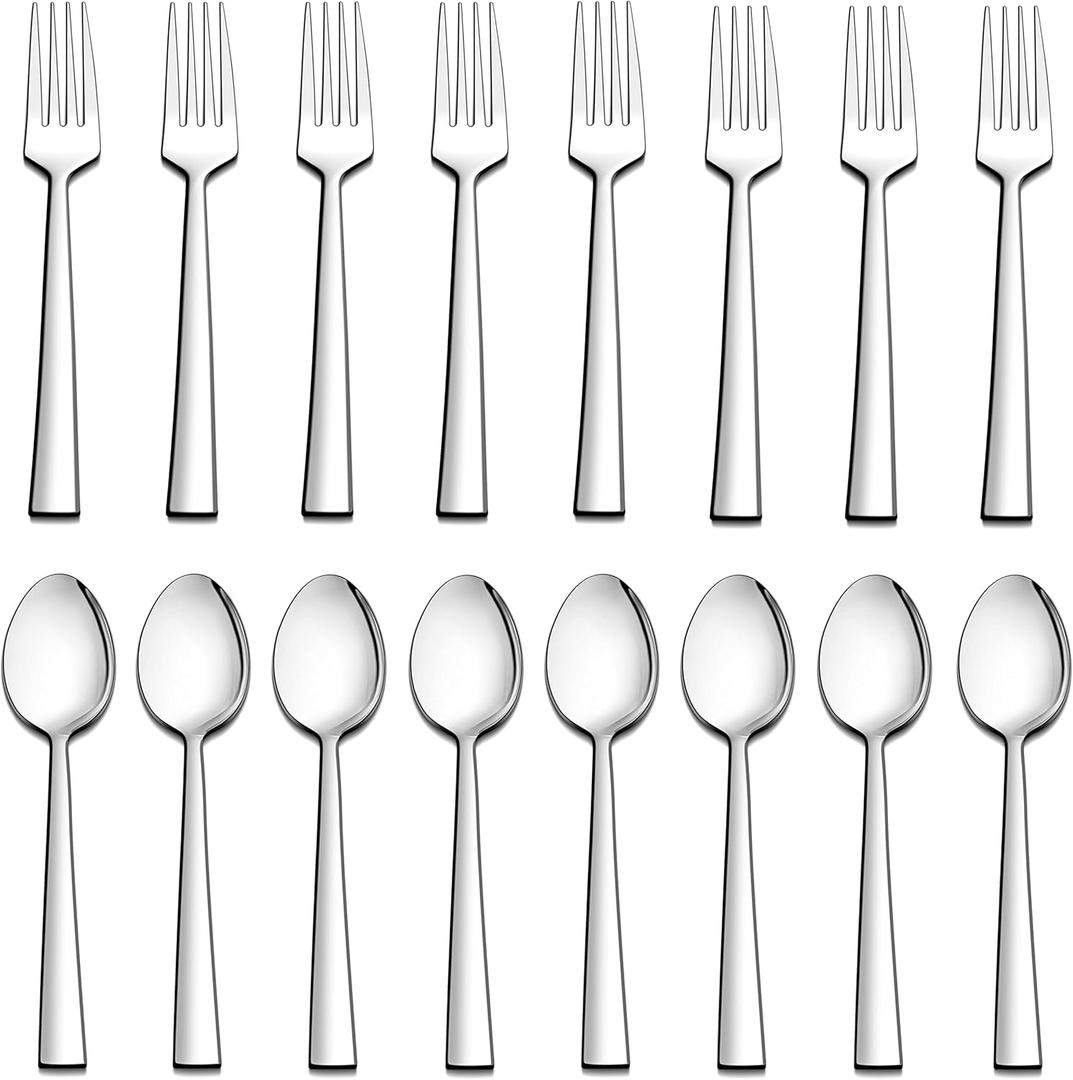 LIANYU 16-Piece Forks and Spoons Silverware Set, 8 Dessert Forks (6.7 Inch) and 8 Teaspoons (6.7 Inch), Stainless Steel Square Flatware Cutlery Set for Home Kitchen Hotel, Dishwasher Safe
