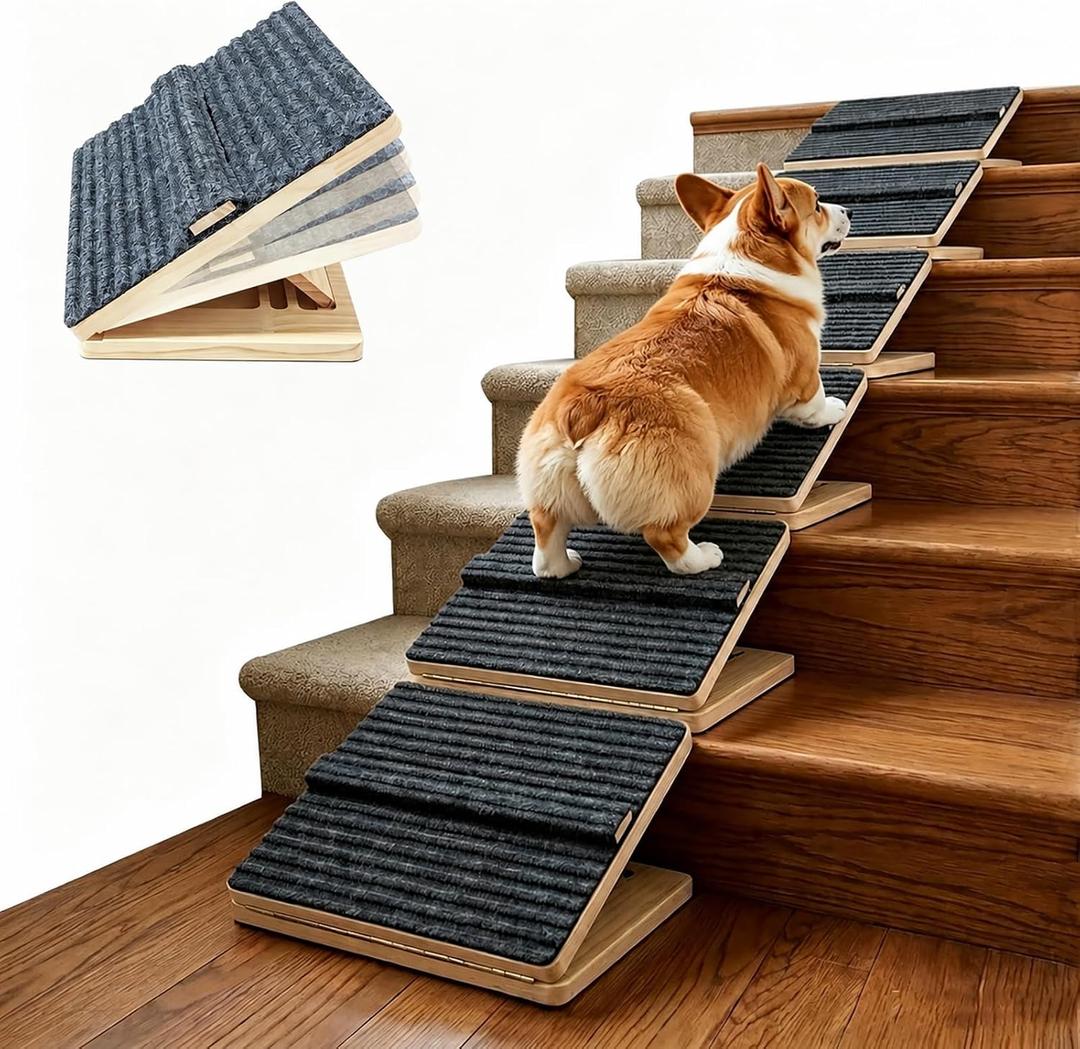 Weathrix Dog Ramp for Indoor Stairs Porch Steps, 6 Pack Foldable Wooden | 4 Adjustable Heights Non-Slip Pet Ramp for Small Senior Dogs, 35lb Capacity, Raised Pause Strip Safety Design, Natural Wood, 6 Pack,4 Heights