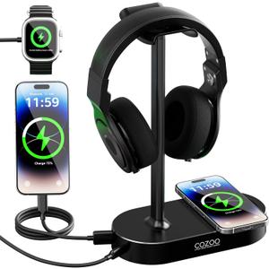 COZOO Headphone Stand with Fast Wireless Charging Pad and 2 USB Charging Ports, Suitable for Gaming, DJ, Wireless Earphone Accessories (Black)