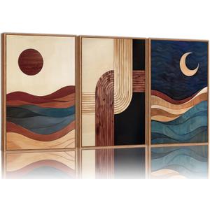 SIGNINART Boho Mid Century Modern Framed Canvas Wall Art, Bohemian Geometric Wall Decor, Abstract Sun and Moon Artwork,Beige and Black Wooden Art Paintings for Living Room Bedroom Office 24"x36"x3