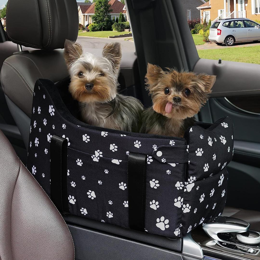 Cullaby Console Dog Car Seat with Safety Leash  Booster Seat for Small & Medium Dogs (up to 25 lbs), Pet Travel Safety Seat with Storage Pockets & Detachable Dog Seat Belt (Black Large Size )
