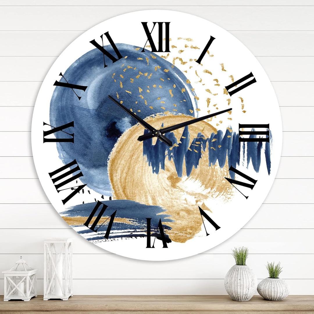Modern Wall Clock 'Dark Blue & Gold Abstract Circle Ocean Texture' Abstract & Fractals Large Wall Clock for Office Decor (29x29)