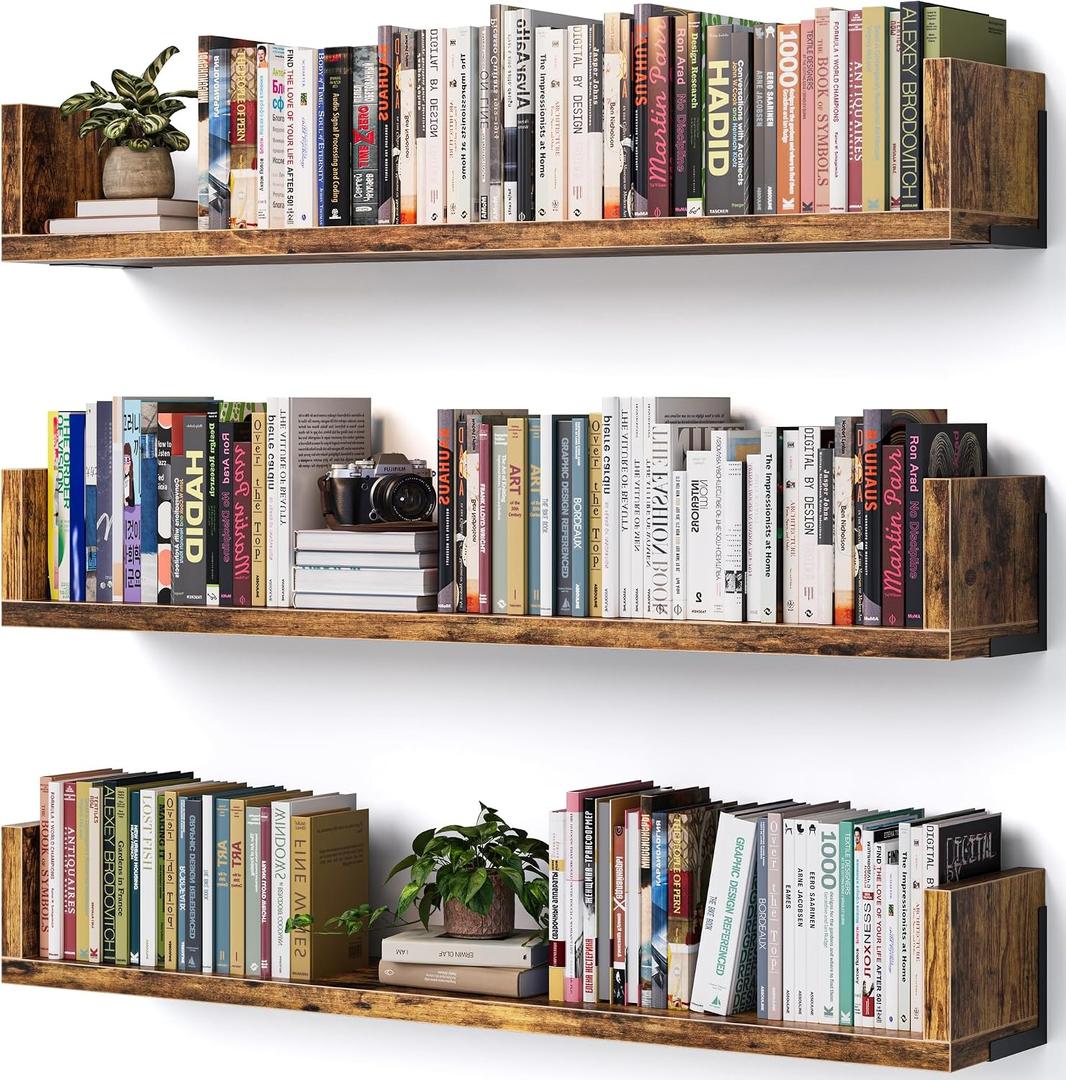VMROF Wall Bookshelf, Set of 3, 36 Inches U Shaped Wall Shelves, Long Deep Floating Shelves, Large Floating Book Shelves - Wood Hanging Bookshelves for Kitchen, Bedroom