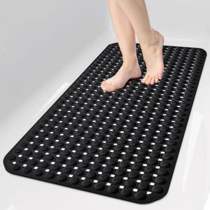 OTHWAY Bath Tub Shower Mat Non Slip, Bathtub Floor Liner Mats for Inside Shower Bathroom, Suction Cups and Drain Holes for Feet Scrubbing, Machine Washable, Soft on Feet, 35x16 Inch, Black