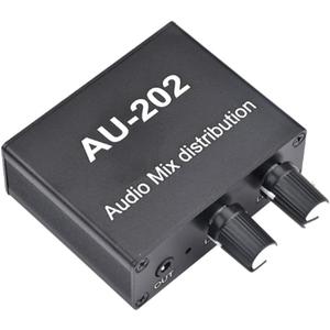 AU-202 2 Input 2 Output Stereo Mixer Audio Distributor for Headphone External Power AMP Volume Alone Control, Black, 500364205