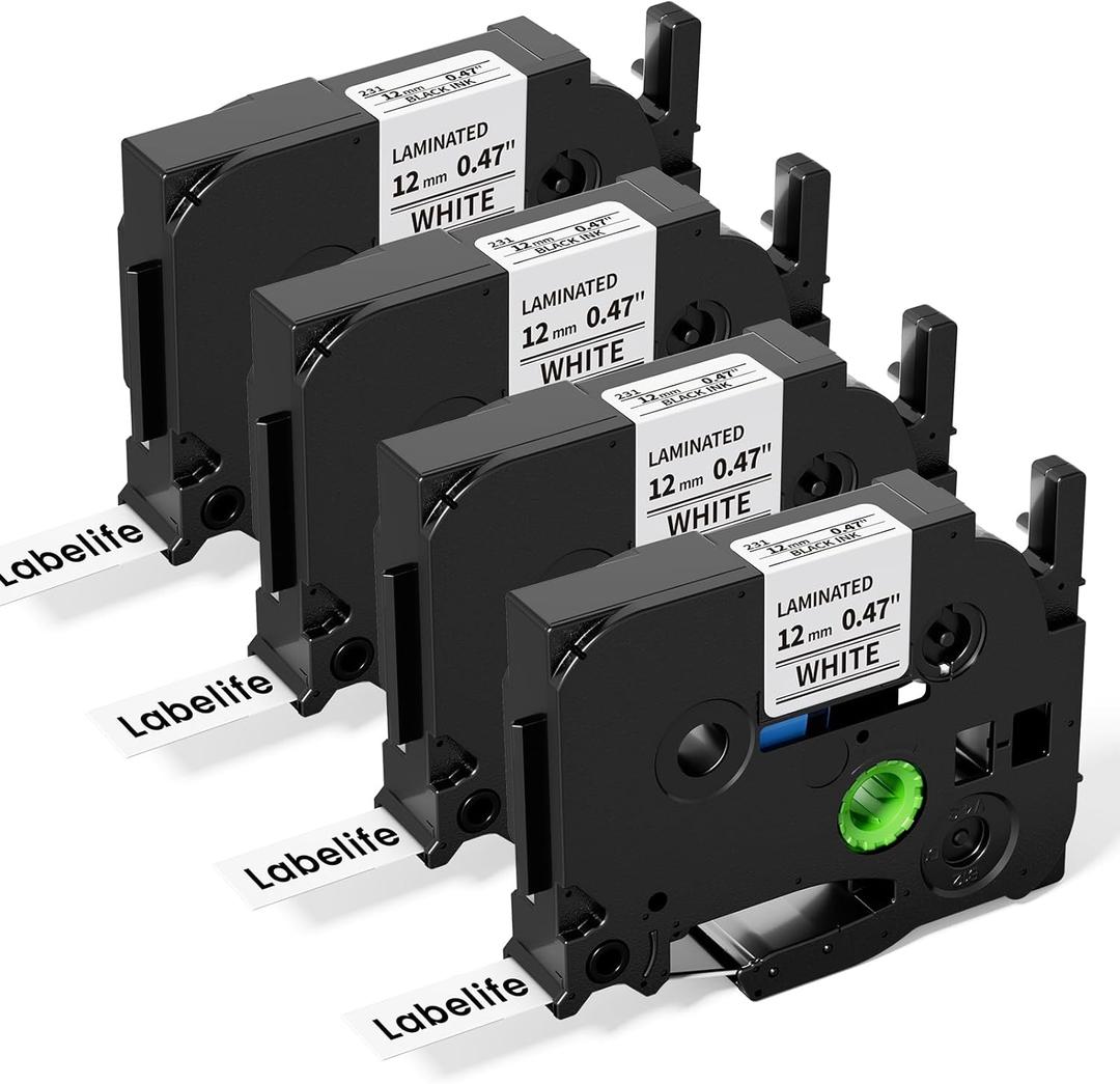 Labelife TZe TZ Tape 12mm 0.47 Laminated White Label Maker Tape Replacement for Brother P Touch Label Tape TZe-231 TZe231 Compatible with Brother PT-D210 PT-D220 PT-H110 PT-D410 PT-P710BT, 4-Pack (Black on White)