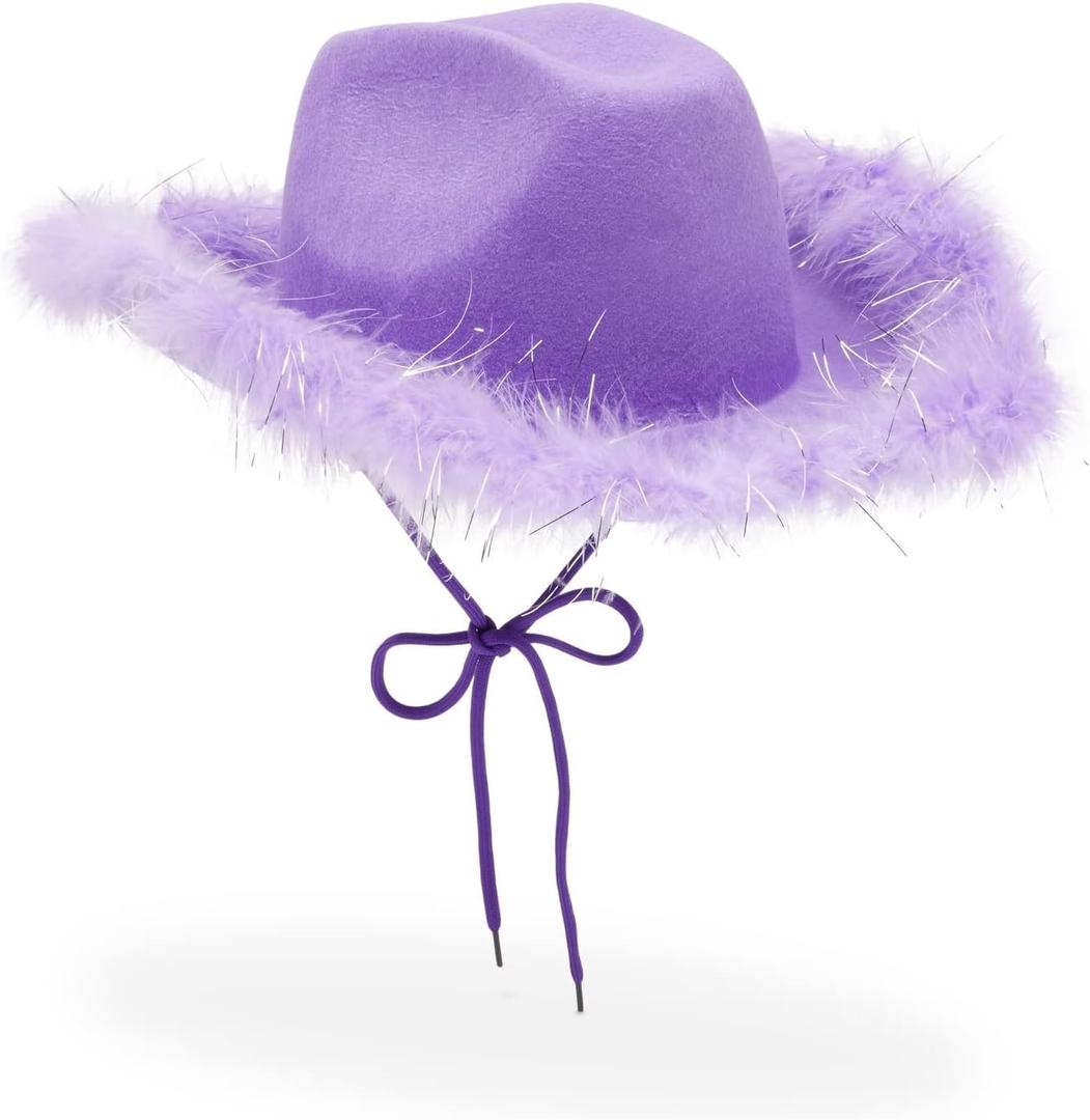 Zodaca Purple Cowboy Hat for Women - Fluffy Purple Sparkly Cowgirl Hat with Feathers for Halloween, Birthday, Bachelorette Party