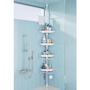 32-122inch Corner Shower Caddy Tension Pole All White, Rustproof Drill-Free Shower Shelves for Bathroom Bathtub Washbasin, Adjustable Shower Organizer with 4 Tier Patent Shelves & Towel Bars