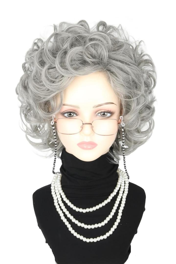 Old Lady Wig Costume Set for Women Short Curly Silver Grey Granny Wigs for Cosplay Old Woman Wig Halloween Party Wigs