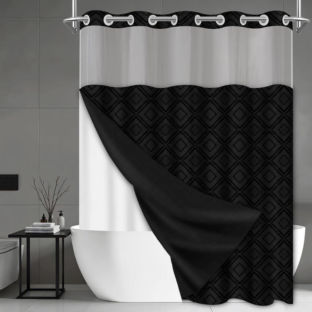 Wyljljy No Hook Shower Curtain Set with Snap in Liner, Black Jacquard Tufted Geometric Bath Curtain, Boho Luxury Hotel Bathroom Decor, Waterproof Washable, 71 x 74 Inch