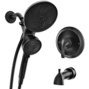 Moen Engage Magnetix Matte Black Multi-Function Handshower and Rainfall Shower Head Trim Combo with Shower Handle, Tub Spout, Metal Hose, and Valve, 82304BL