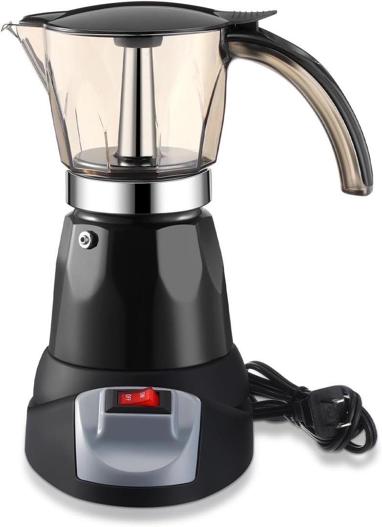 Electric Espresso Maker Transparent Coffee Maker Electric Moka Pot Portable Aluminum Espresso Machine Italian Moka Pot with Detachable Base, Coffee Gift for Women Men Home Travel(Black,6 Cup)